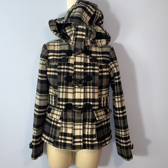 Hydraulic plaid tartan Black White Purple toggle pea hooded coat Y2K size  S - Picture 8 of 9